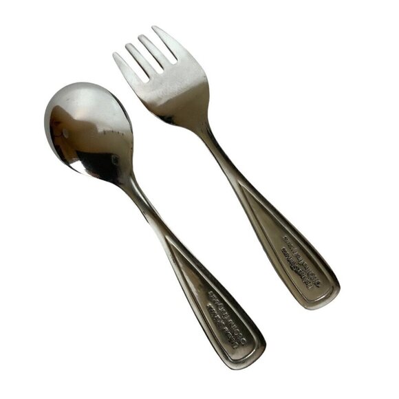 Vtg The First Years Deluxe Stainless Baby Spoon Fork Set Pearlized Handles Blue - Picture 3 of 4